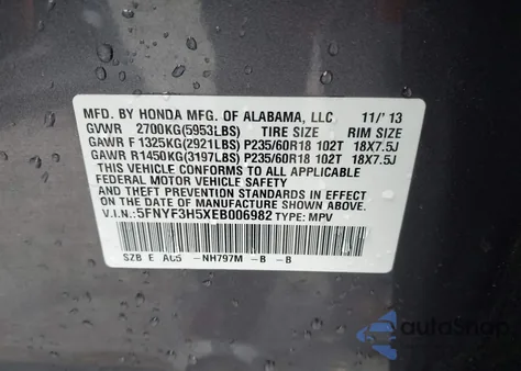 2014 Honda Pilot Ex-L из США, поврежденный, VIN 5FNYF3H5XEB006982